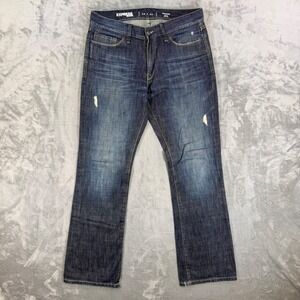 Express Rocco Slim Fit Boot Cut Jeans Men's Size 34x34 Blue Dark Wash Distressed